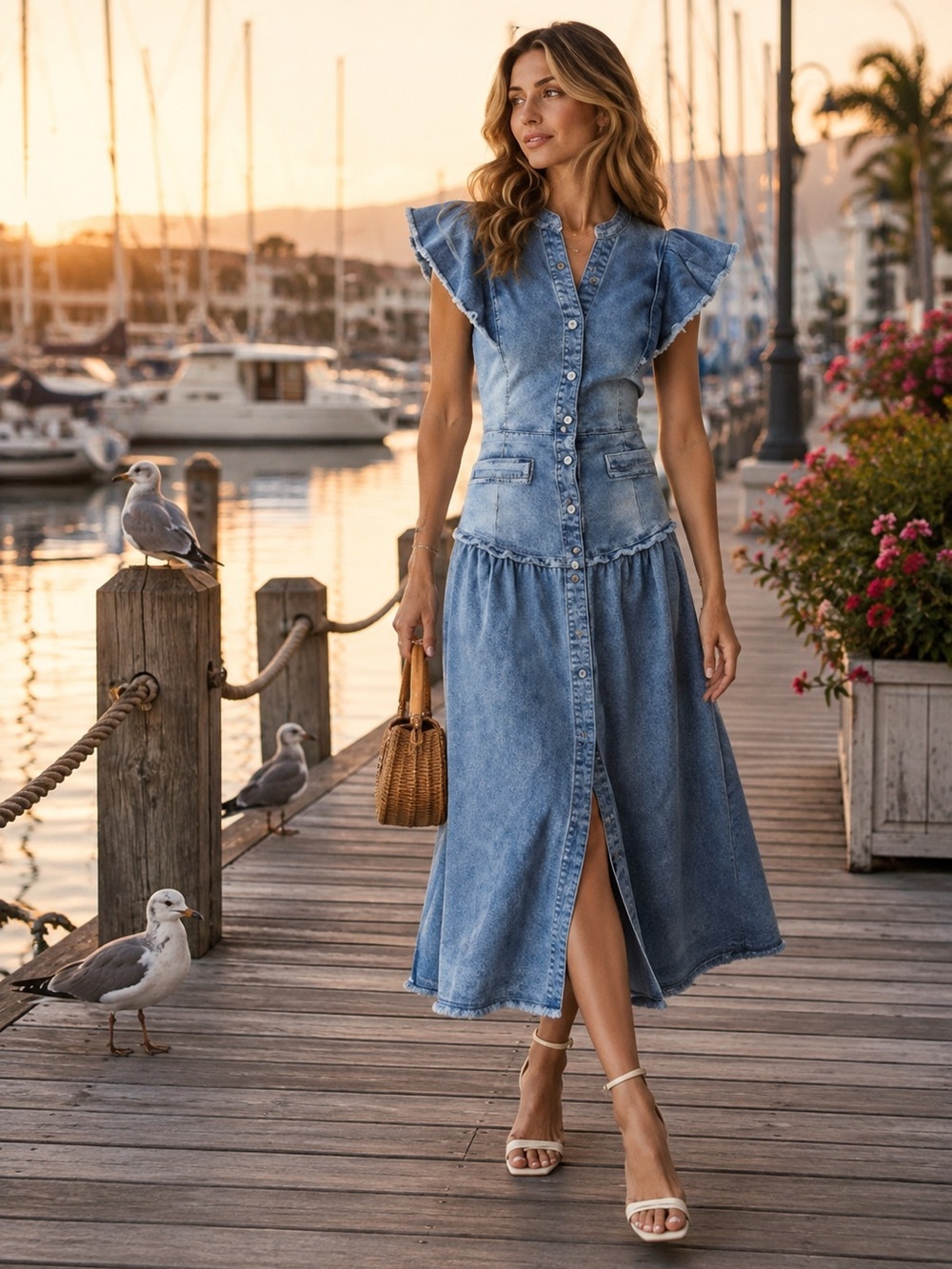 Anthropologie NWT En Saison Denim Midi Dress – Ruffle Button Coastal Cowgirl – S